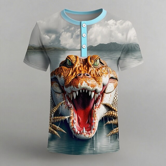 Men's Animal Crocodile Cute T Shirt Henley Shirt Short Sleeve Designer Retro Vintage Trendy Street Casual Daily Summer Spring Light Blue Henley Henley T-Shirt4