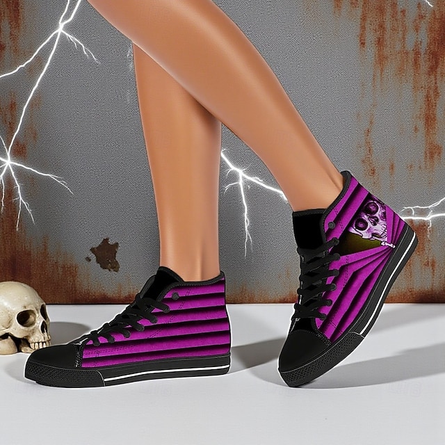  Damskie, fioletowe, płócienne, pasiaste trampki za kostkę z grafiką czaszki – modne buty w stylu gotyckim na Halloween, idealne na co dzień i na imprezy kostiumowe