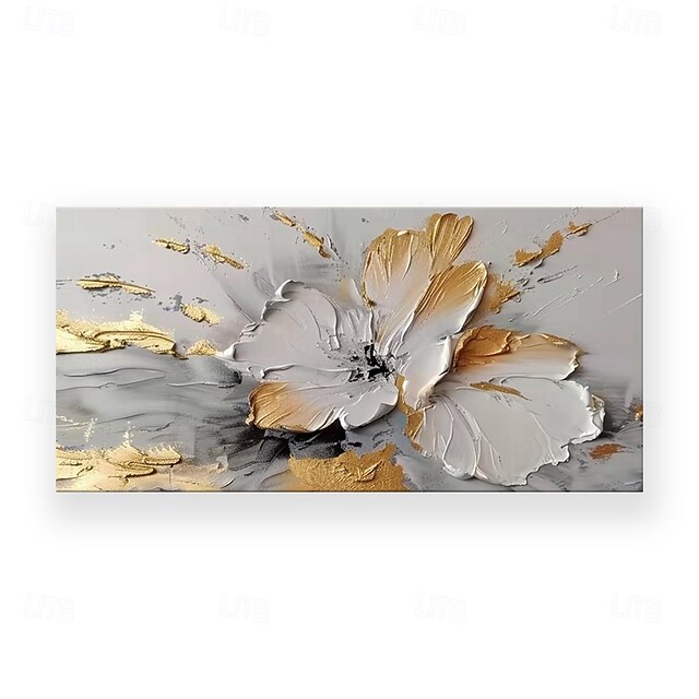Gold Flower Oil Painting On Canvas Handmade Wall Art Abstract White ...