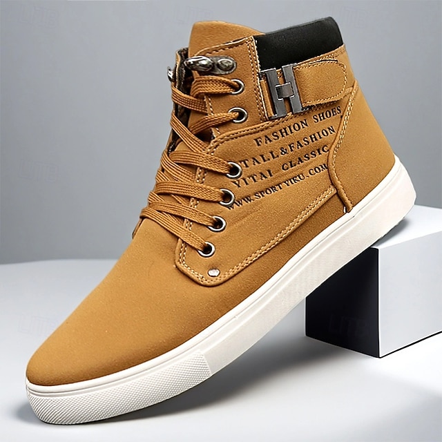  Men's Tan Faux Leather High-Top Sneakers with Lace-Up Design, Stylish Casual Shoes for Walking, Work and Weekend Outfits