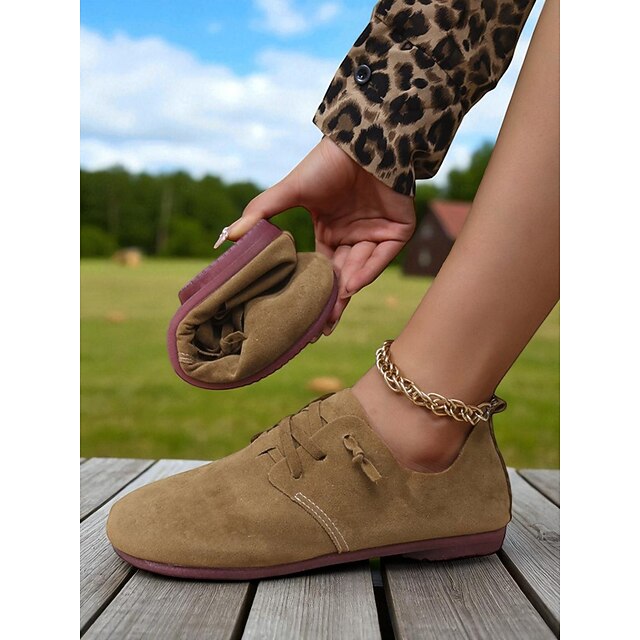  Zapatos planos casuales marrones con cordones para mujer: zapatos ligeros de horma ancha para paseos por el campo, marrones y para uso diario.