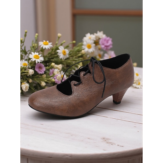  Pantofi Oxford negri cu șireturi, stil vintage, în stil anii 1930, pentru femei – pantofi din piele ecologică cu toc mediu, pentru ținute retro, biserică și ținute clasice de zi cu zi