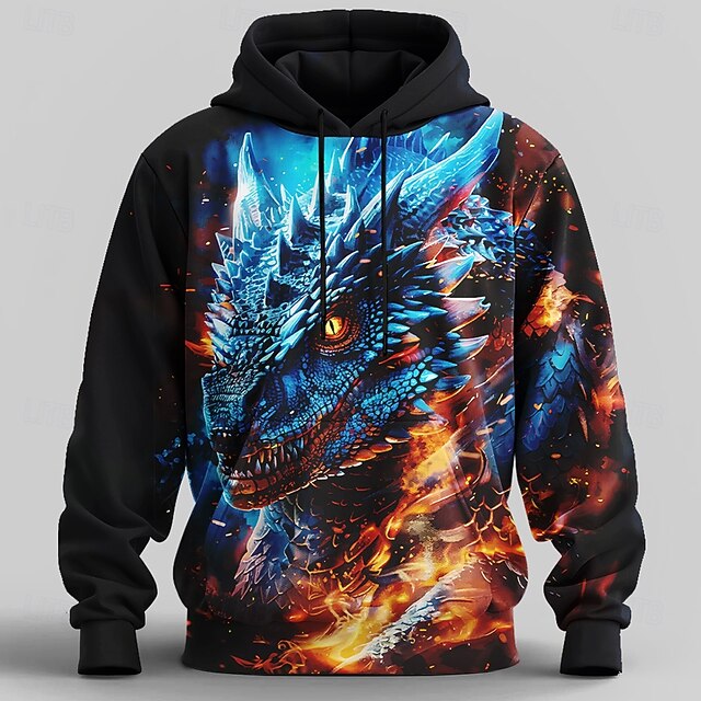 Men's Dragon 3D Hoodie Sweatshirt Cool Party Crew Neck Club Streetwear Black Drawstring Fall Winter Designer4