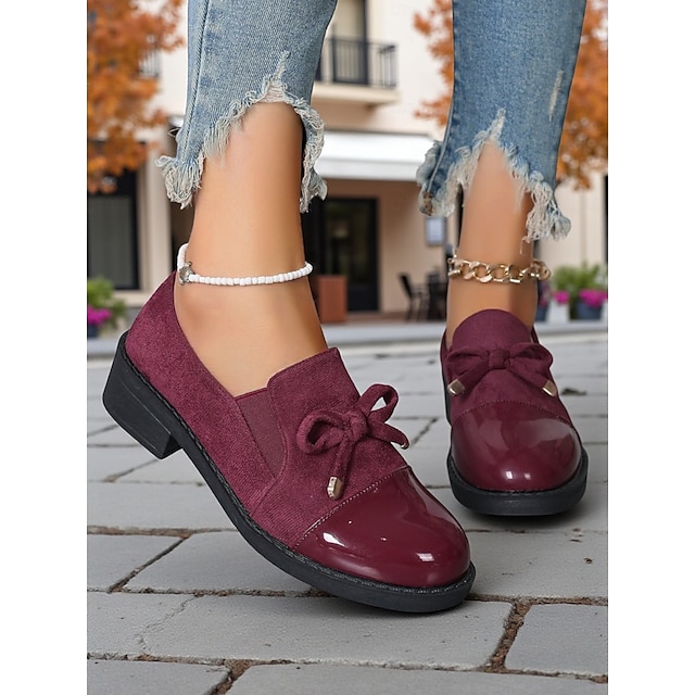  mocassini da donna in pelle scamosciata e vernice bordeaux – scarpe slip-on con fiocco e tacco basso per uscite casual, abbigliamento da lavoro e street style autunnale