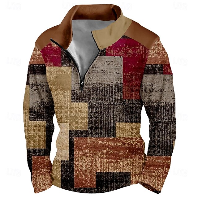 Men's Geometric Plaid Abstract Sweatshirt Sports Fashion Long Sleeve Zip Home Party Work Brown Fall All Seasons Designer4