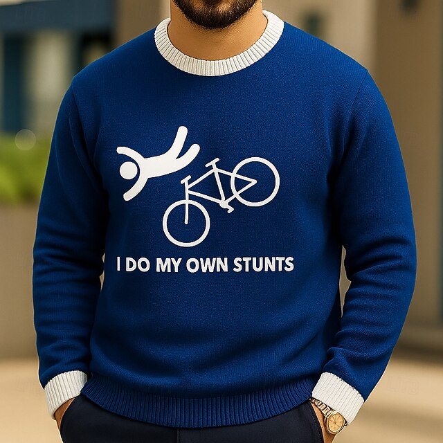  Herren lustiger I Do My Own Stunts 3D Cartoon Pullover Pullover Strickwaren Rundhalsausschnitt lässig Urlaub Zuhause Straße 3D Druck Stricken Grafik Langarm Frühling Herbst Winter Schwarz Rot Blau