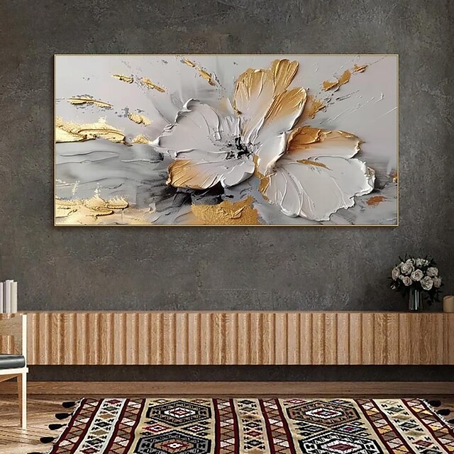 Gold Flower Oil Painting On Canvas Handmade Wall Art Abstract White ...