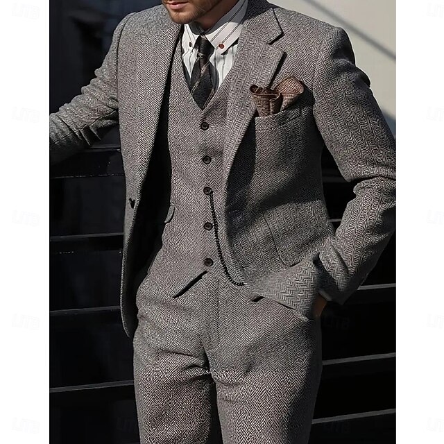 Men's Wedding Business Tweed Suits Notch Lapel Dark Grey Daily Casual Herringbone Tailored Fit 3 Piece Single Breasted One-button2