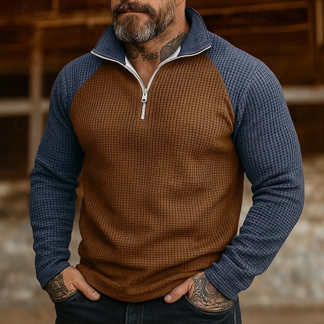  Hombre Sudadera Sudadera con estampado de gofres Sudadera Con Capucha Pull-over Sudadera con un cuarto de cremallera Marrón Cuello Mao Plano Retazos Deporte Casual Diario Ropa de calle Fresco Ropa