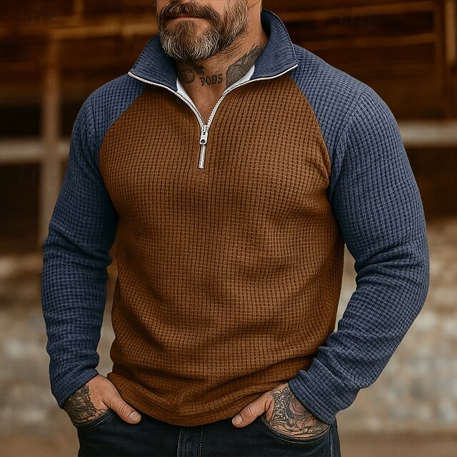 Men's Sweatshirt Waffle Sweatshirt Pullover Hoodie Sweatshirt Pullover Quarter Zip Sweatshirt Brown Standing Collar Plain Patchwork Sports & Outdoor Casual Daily Streetwear Cool Sportswear Spring4