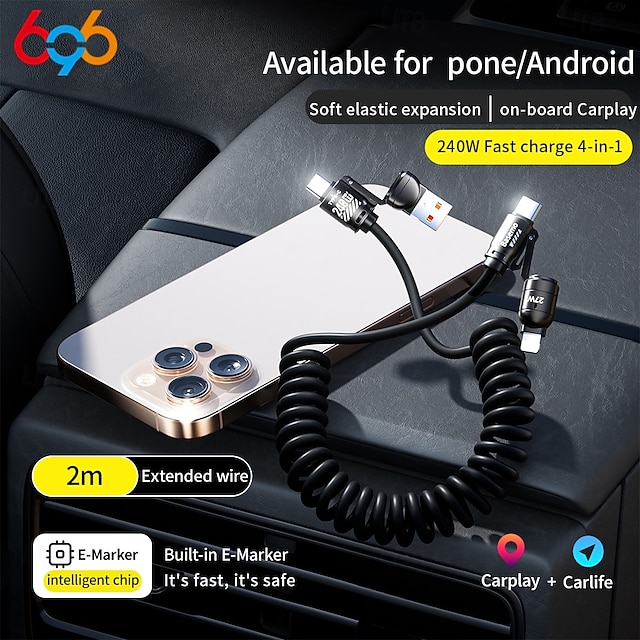  Cabo de carregamento super rápido com tela de 240 W, cabo de dados com mola para iPhone, Huawei, Xiaomi, Samsung, cabo de carregamento 4 em 1 tipo C para tipo C
