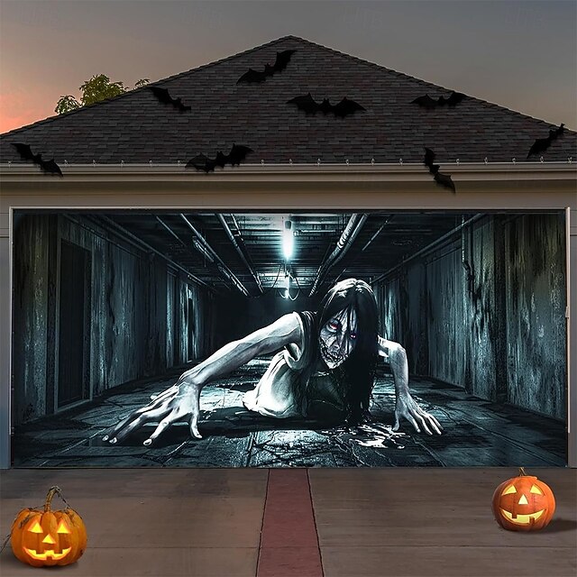 Halloween Garage Door Cover  Creeping Ghost Banner Large Tapestry Backdrop Decoration for Holiday 2025 Halloween Outdoor Wall Decorations4