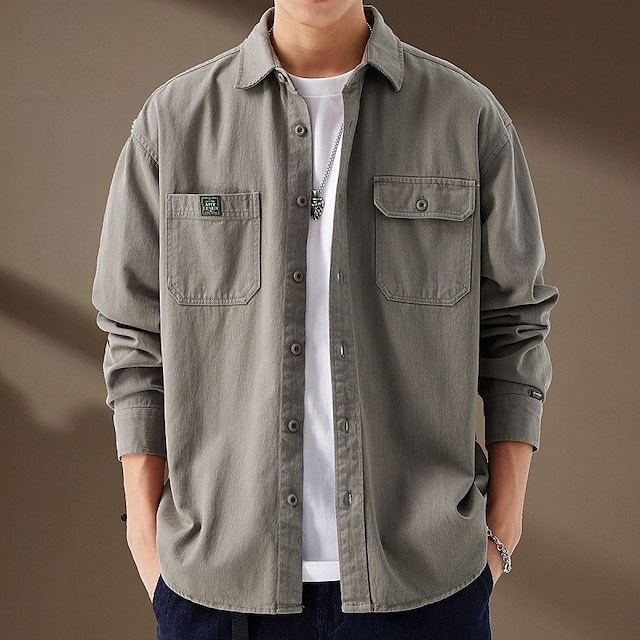  Per uomo camicia cargo Camicia da escursionismo Manica Lunga Collo ripiegato Top Esterno Traspirante Cotone Nero Caffè Grigio Caccia Allenamento Viaggio
