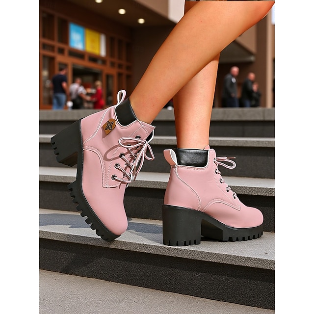  Botas femininas de cano curto rosa com cadarço, salto grosso e sola de borracha - calçados urbanos da moda para looks de rua