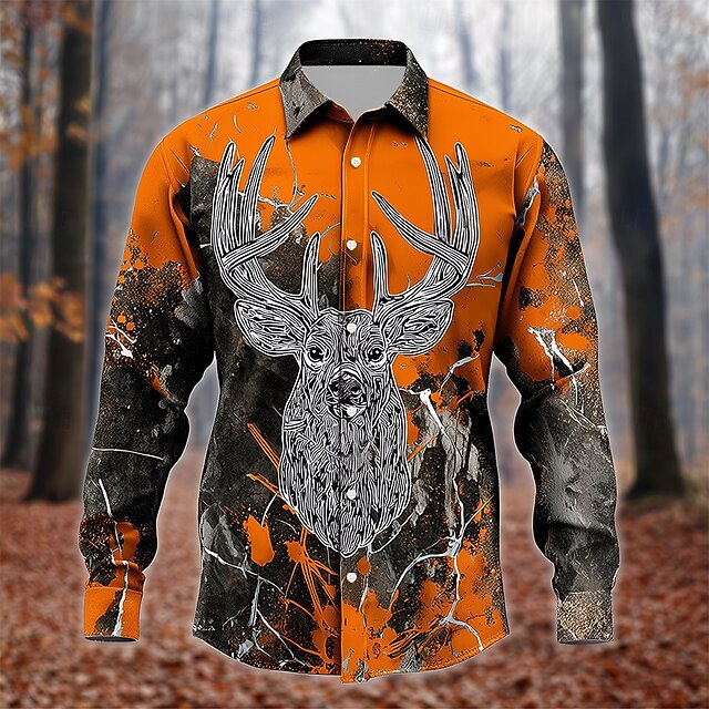 Men's Camo Reindeer Camouflage Shirt Button Up Shirt Long Sleeve Vintage Retro Outdoor Camping & Hiking Hunting Spring Fall Turndown 3D Print Linen Like Shirt Orange4