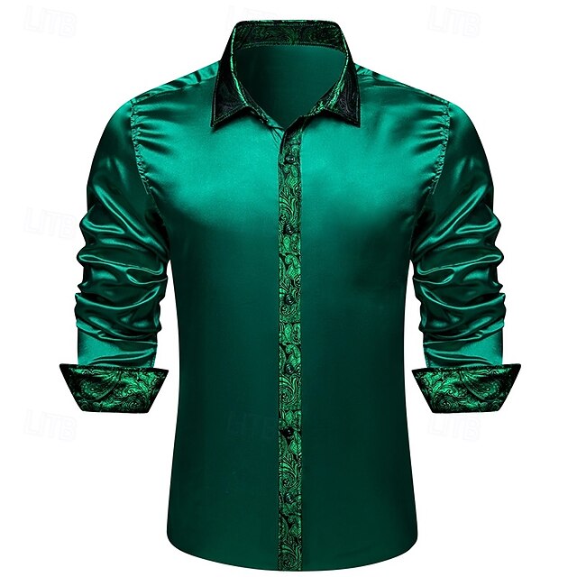 Men's Shirt Silk Like Satin Shirt Casual Shirt Button Up Shirt Prom Shirt Plain Formal Wedding Green Long Sleeve Lapel Spring &  Fall All Seasons Clothing Apparel Patchwork4