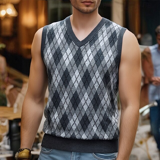 Men's Sweater Vest Dress Sweater Pullover Sweater Jumper Vest Knit Sweater Ribbed Knit Regular Tops Knitted Argyle V Neck Fashion Casual Vacation Daily Wear Clothing Apparel Fall Winter Dark Gray4