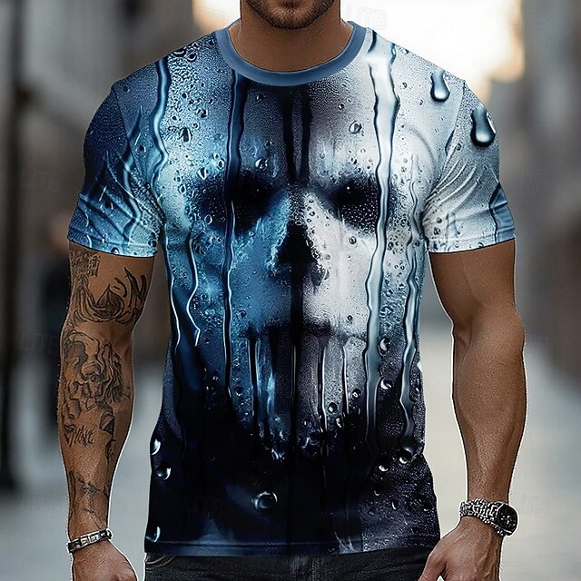 Halloween Men's Optical Illusion 3D Human face T Shirt Short Sleeve T shirt 3D Print Crew Neck Shirt Exaggerated Designer Horror Party Street Holiday Blue Summer Spring All Seasons Clothing Apparel S4