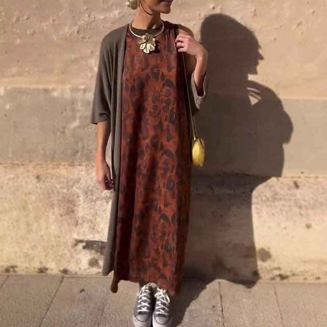 Women's Long Dress Maxi Dress Dress Set Classic Modern Outdoor Vacation Holiday Regular Fit Leopard 3/4 Length Sleeve Crew Neck Brown Fall4