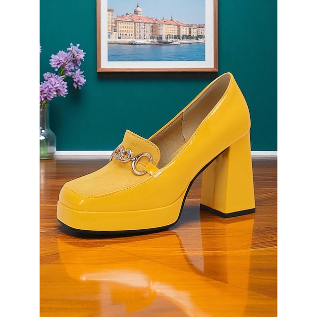  Gelbe Plateau-Loafer aus Lackleder für Damen mit Blockabsatz und Kettendetail – Pumps im Retro-Stil der 1980er Jahre mit Absatz für Büro, Partys und Vintage-Outfits