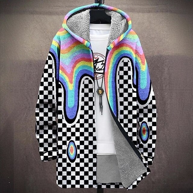 Men's Plaid / Check Winter Coat Fleece Jacket Coat Thermal Warm Comfortable Casual Daily Wear Zipper Pocket 3D Print Fall Winter Hooded Long Sleeve Rainbow4