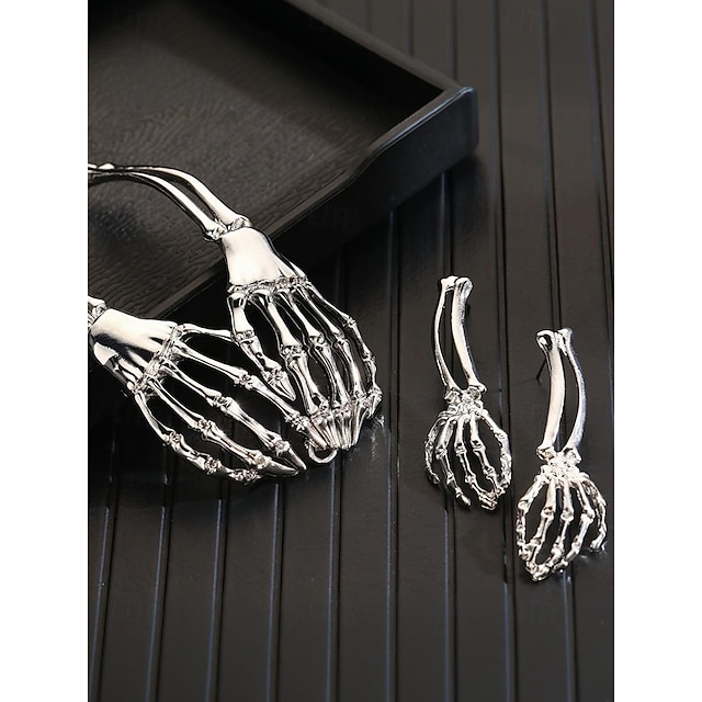 WCRAZYE Halloween Skeleton Hand Earrings & Necklace Set - Gothic Black Silver Claw Jewelry For Men & Women