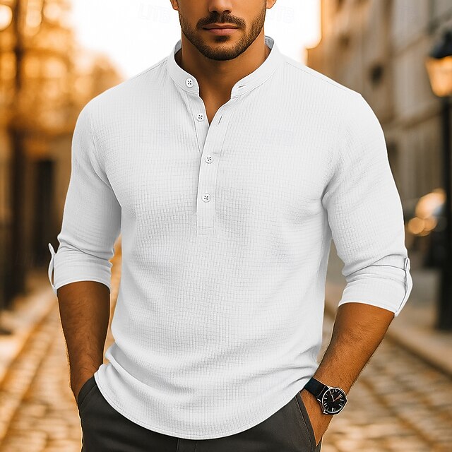  Per uomo Camicia Camicia popover Camicia casual Camicia da Spiaggia Camicia a maglia a nido d'ape Nero Bianco Blu marino Arancione Manica Lunga Semplice Collo alla coreana Vacanza Camicia hawaiana