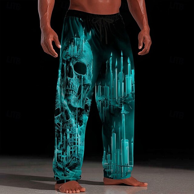Halloween Men's Halloween Costumes Skulls Trousers Baggy Pants Casual Pants Mid Waist Dark Gothic Style Holiday Elastic Drawstring Waist Linen-Like Pants with Pockets Spring Fall 3D Print Blue Black4