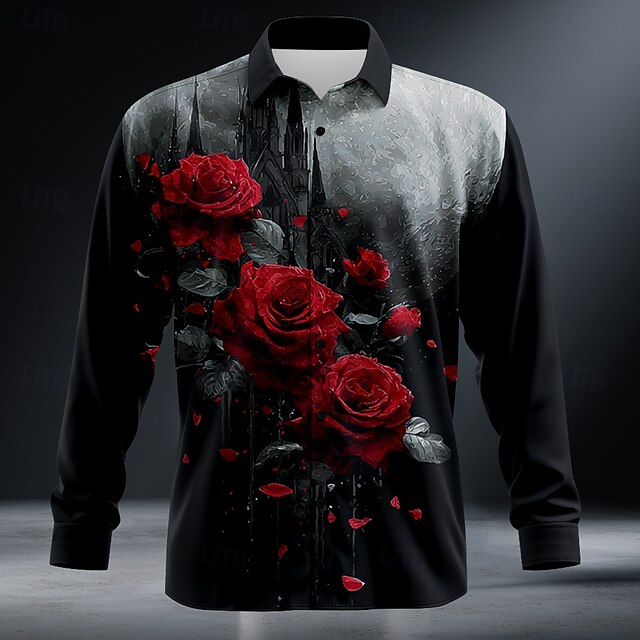 Men's Day of the Dead Rose Shirt Button Up Shirt Long Sleeve Dark Punk Gothic Style Outdoor Holiday Summer Spring Turndown 3D Print Collared Shirts Black4
