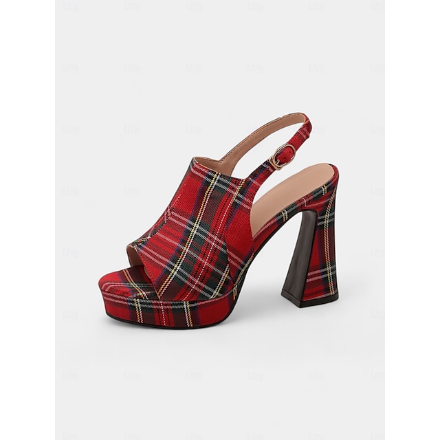  Women's Red Tartan Platform Heeled Sandals - Peep Toe Chunky High Heels for Nightlife and Christmas Holiday Parties