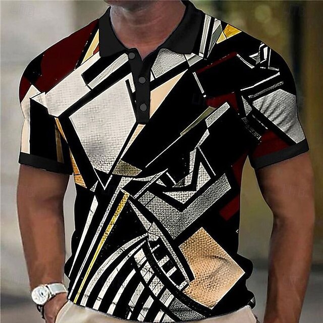 Men's Geometric Pattern Waffle Polo Shirts Short Sleeve Polo Shirts Collared Shirts Business Casual Business Athleisure Festival Outfit Buttons 3D Print Summer Black4
