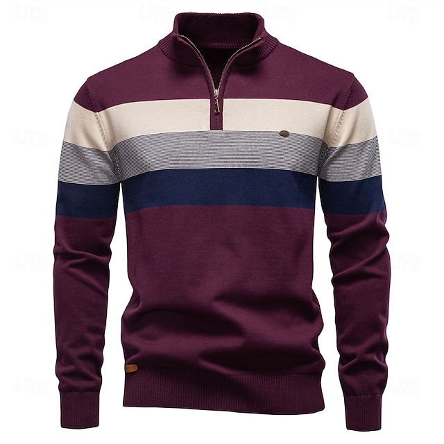  Homme Pull Tricoter Hauts Réguliers Demi-zip Bandes Rayé Col montant ancien Frais École Vacances Vêtement Tenue Printemps Automne Noir Violet S M L