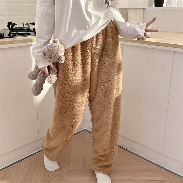  Women's Fleece Pants Slacks Straight Chino Plus velvet Full Length Natural Plain Elastic Waist Comfortable Home Casual Daily Dark Brown Pink Brown Green Winter Regular Fit