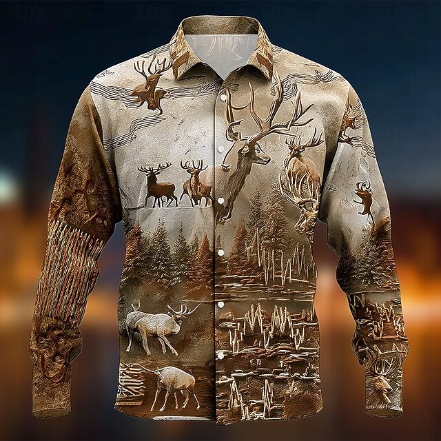 Men's Reindeer Plants Forest Shirt Button Up Shirt Long Sleeve Vintage Retro Outdoor Camping & Hiking Hunting Spring Fall Turndown 3D Print Collared Shirts Brown4