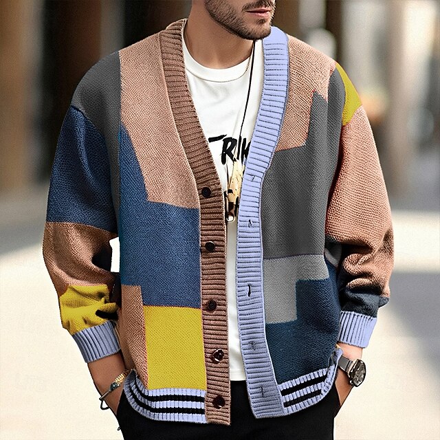 Men's Cardigan Sweater Cropped  Sweater Knit Sweater Ribbed Knit Regular Tops Patchwork Buttons Color Block V Neck Fashion Classic Vacation Daily Wear Clothing Apparel Fall Winter Red khaki M L XL3