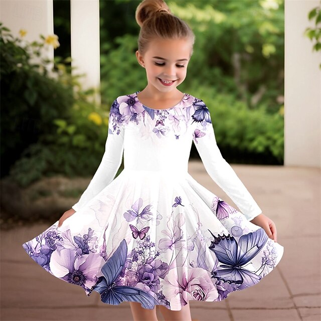 Girls' 3D Butterfly Flower Dress Long Sleeve Summer Spring Vacation Daily Holiday Princess Beautiful Sweet Kids 4-12 Years Casual Dress A Line Dress Knee-length Regular Fit4