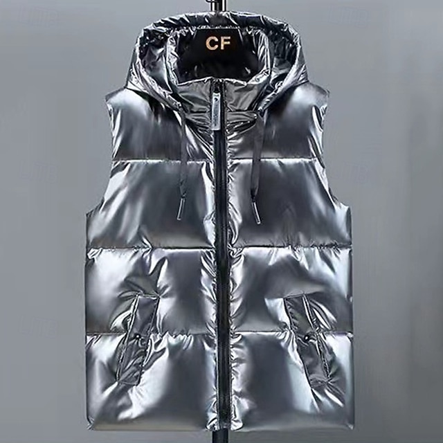  Herr Pufferväst Väst Gilet Semester Dagligen Datum Mode Ledigt Höst vinter Ficka Polyester Håller värmen Bekväm Ensfärgat Dragkedja Huva Normal Silver Svart Väst