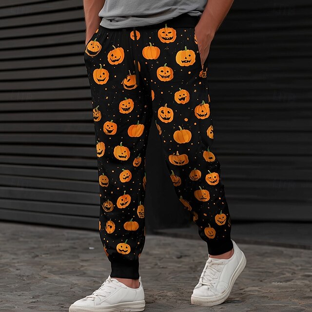 Men's Pumpkin Halloween Costumes Sweatpants Joggers Trousers Mid Waist Drawstring Elastic Waist Casual Jogging Streetwear Workout Athletic Sweatpants with Pockets Spring Fall 3D Print Black4