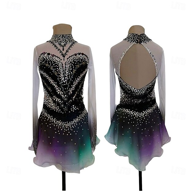 Figure Skating Dress Women's Girls' Ice Skating Dress Multi color Patchwork Thumbhole Mesh Spandex High Elasticity Training Competition Skating Wear Classic Crystal / Rhinestone Long Sleeve Ice2