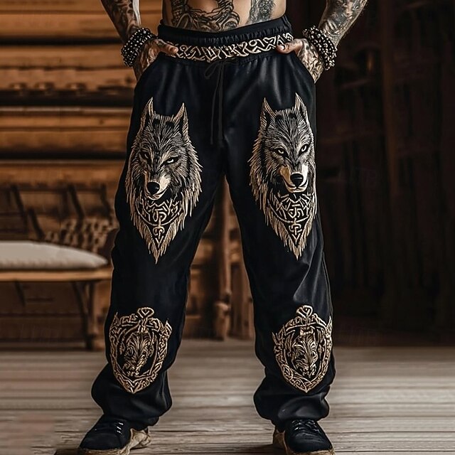 Men's Trousers Casual Pants Drawstring Pocket Elastic Waist Wolf Comfort Daily Going out Vintage Casual Black Micro-elastic4