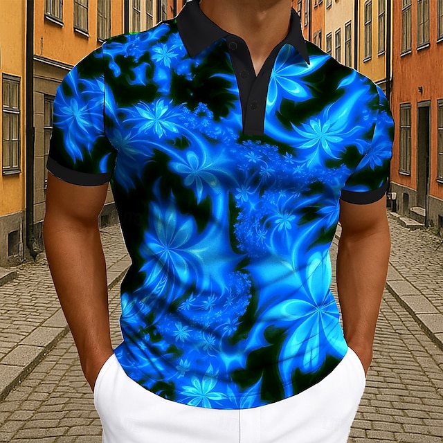  Herren Blumen Polo Kurzarm Polo-Shirts Hemden mit Kragen Lässig Athleisure 3D-Druck Knöpfe Sommer Meerblau Blau Grün