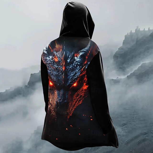 Men Dragon Winter Coat Fleece Jacket Coat Thermal Warm Comfortable Casual Dark Street Daily Wear Zipper Pocket 3D Print Fall Winter Hooded Long Sleeve Black4