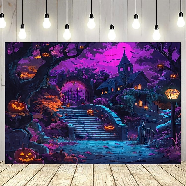  Halloweenský gobelín s motivem strašidelného domu, dýní a netopýrů, strašidelný gotický závěsný tapiserie s úplňkem do obývacího pokoje, ložnice, párty dekorace, strašidelný hrad, děsivá estetika,