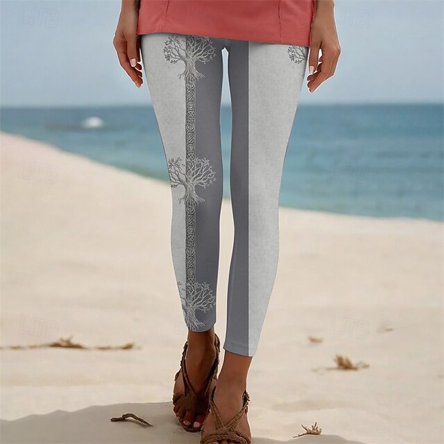 Women's Pants Trousers Leggings Cozy Leggings Streetwear Casual Full Length High Waist Color Block Tree Elastic Waist Print Breathability Comfortable Stretchy Vacation Street Daily Wear Gray Summer4