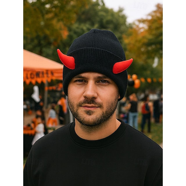  Căciulă unisex de Halloween cu corn de diavol – șapcă caldă tricotată cu craniu și coarne 3D pentru bărbați și femei, costum de petrecere cosplay și ținute de exterior