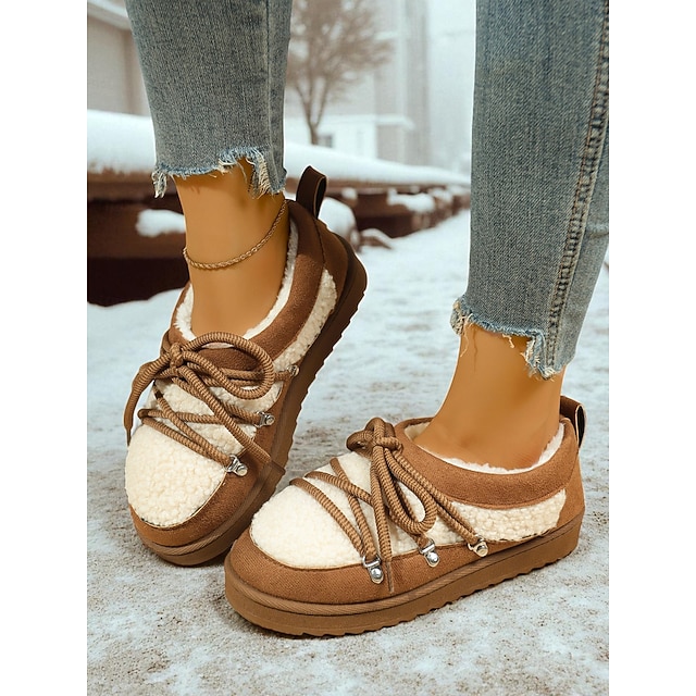  Chaussures à lacets en similicuir marron pour femme, doublées de polaire – Chaussures plates confortables et décontractées pour l'hiver, idéales pour l'extérieur, les voyages et le froid