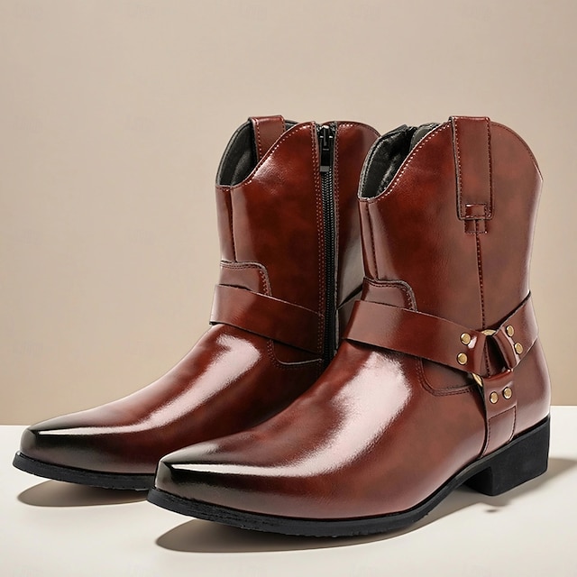  Bottines en cuir marron pour hommes avec fermeture éclair latérale et sangle à boucle, bottes habillées élégantes pour les affaires, les soirées et les occasions formelles