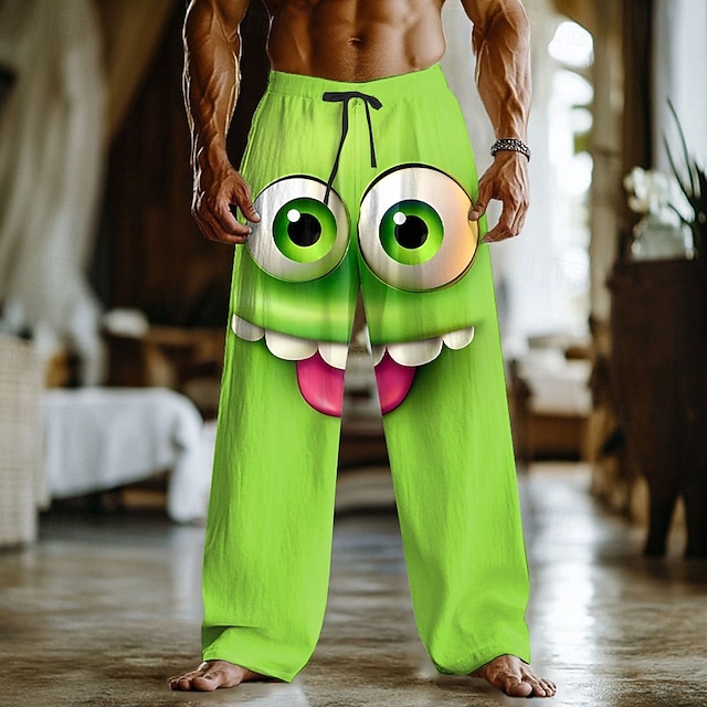  Herr 3D-seriefigur Le ansikte Långbyxor Säckiga byxor Casual byxor Medium Midja Rolig Utomhus Semester Hem Elastisk dragsko i midjan Linneliknande byxor med fickor Vår Höst 3D-tryck Ljusblå Blå Orange