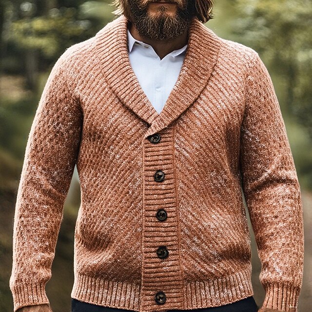 Men's Cardigan Sweater Cropped  Sweater Knit Sweater Ribbed Knit Regular Tops Buttons Plain Shawl Lapel Fashion Classic Vacation Daily Wear Clothing Apparel Fall Winter Navy Blue Brown M L XL3