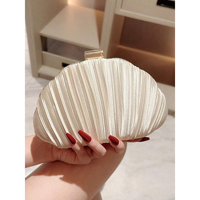 Dames clutch van satijn met plooien, metallic champagnekleur met gouden frame en ketting - vintage glamour voor bruiloften, cocktailparty's, gala's en avondjes uit